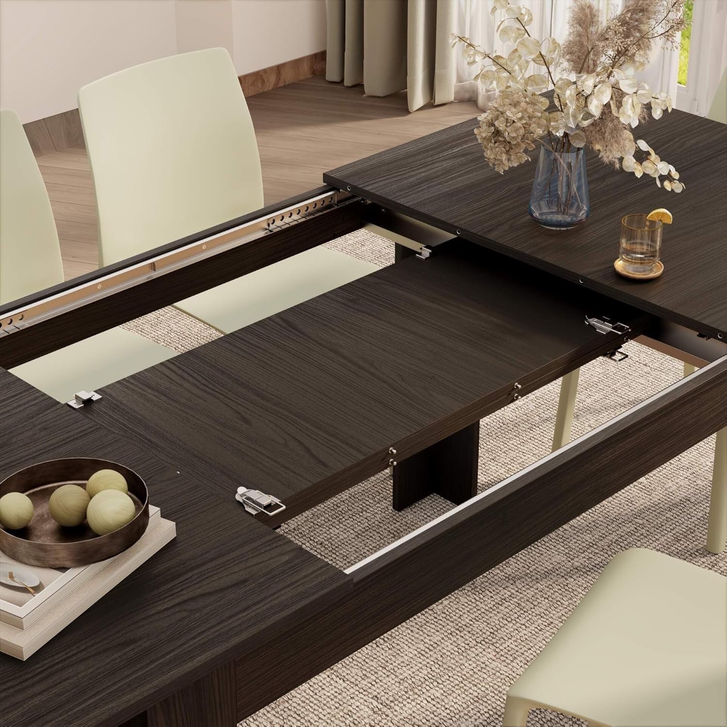 Extendable Dining Table 6-8 Seater Dark Walnut Space Saver Modern