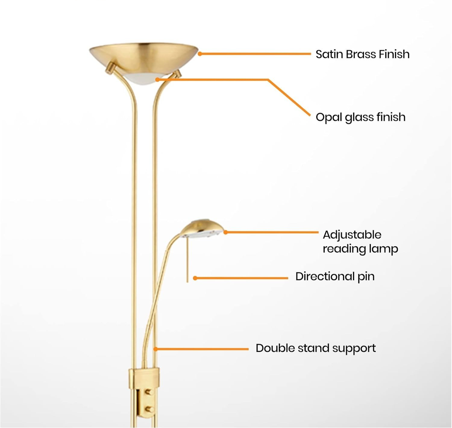 Satin Brass Floor Lamp with Reading Light Dimmable 180cm Tall Uplighter