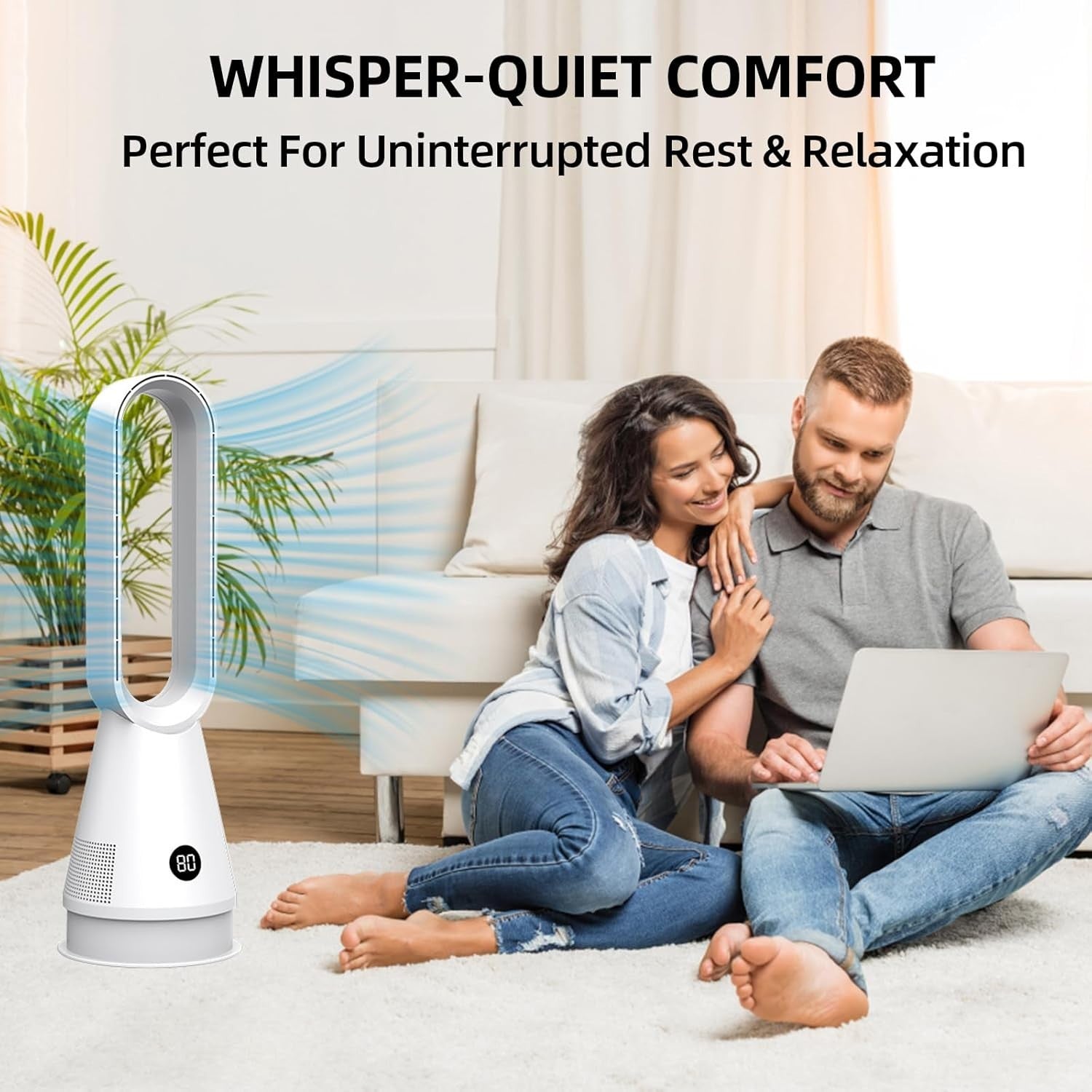 Grey Bladeless Tower Fan 8-Speed LED Display Quiet Cooling 9H Timer 32dB Modern
