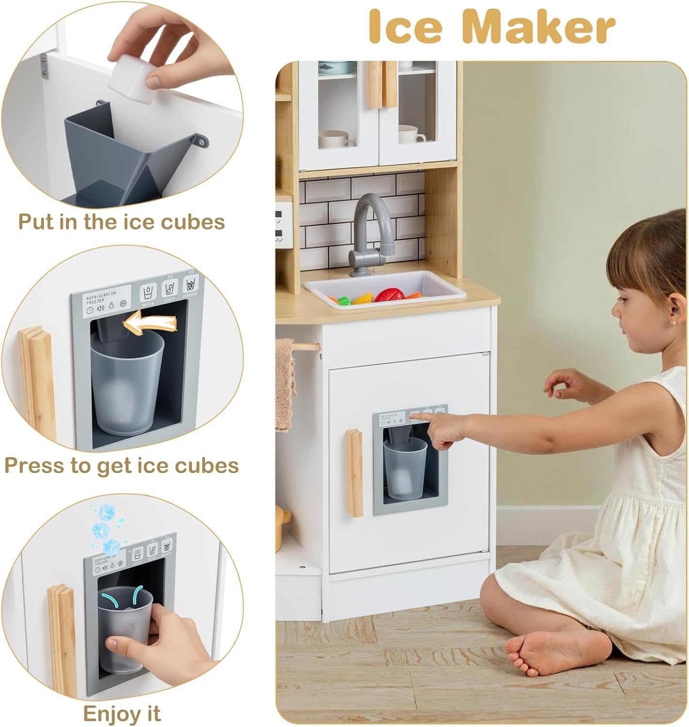 Kids Wooden Play Kitchen Lights Sounds Coffee Machine Ice Maker Toy