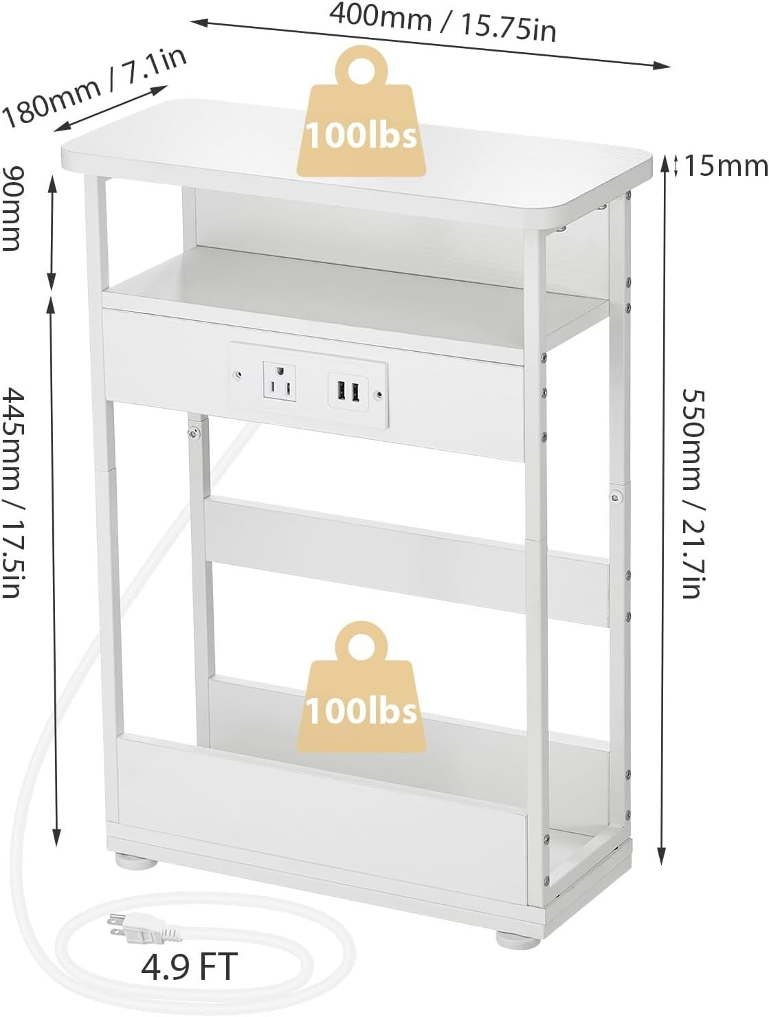 Slim White Side Table with USB Charging Ports – 3-Tier Small End Table