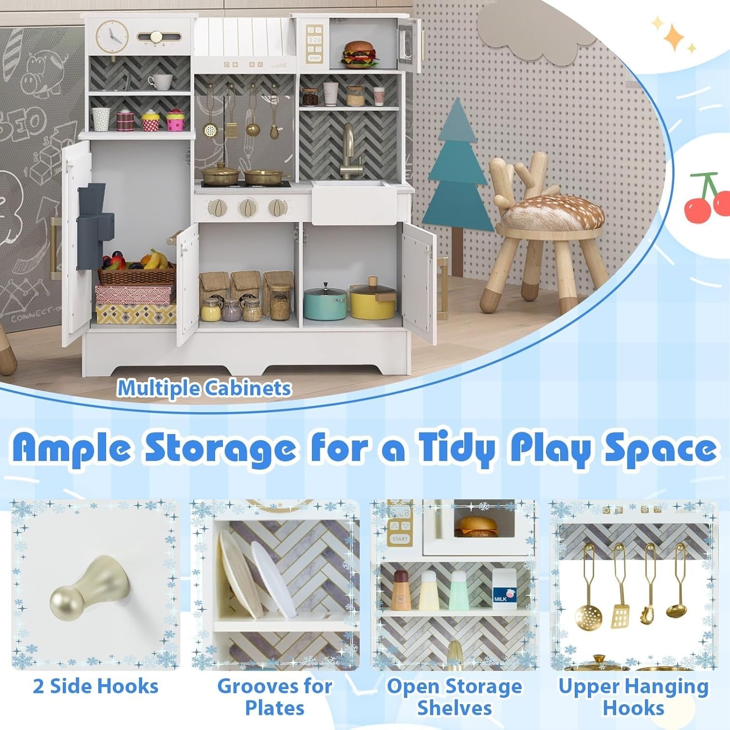 Wooden Kids Play Kitchen White w/ Coffee Station Ice Dispenser