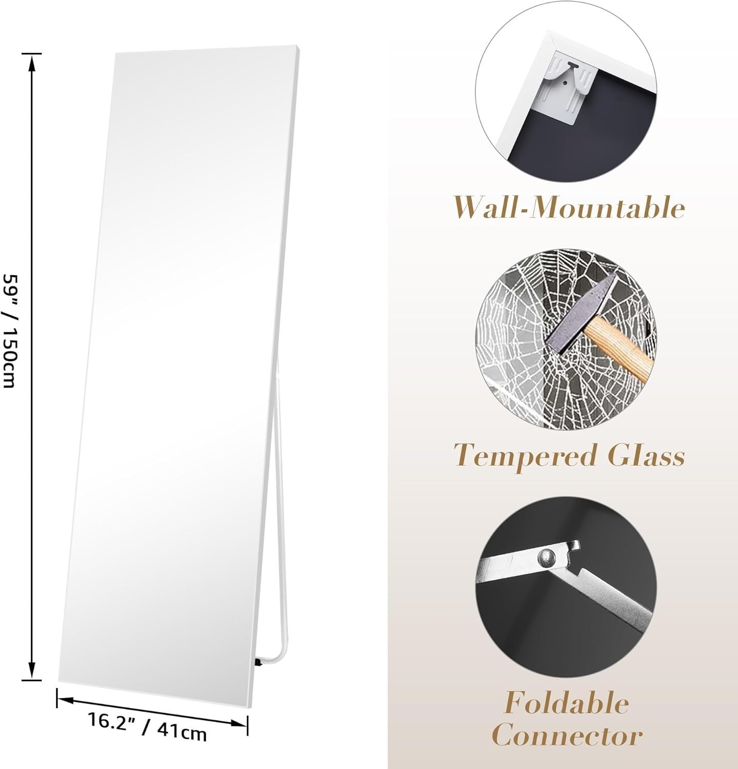 Full Length Mirror 150x41cm White Frame Standing Wall Mounted Safe