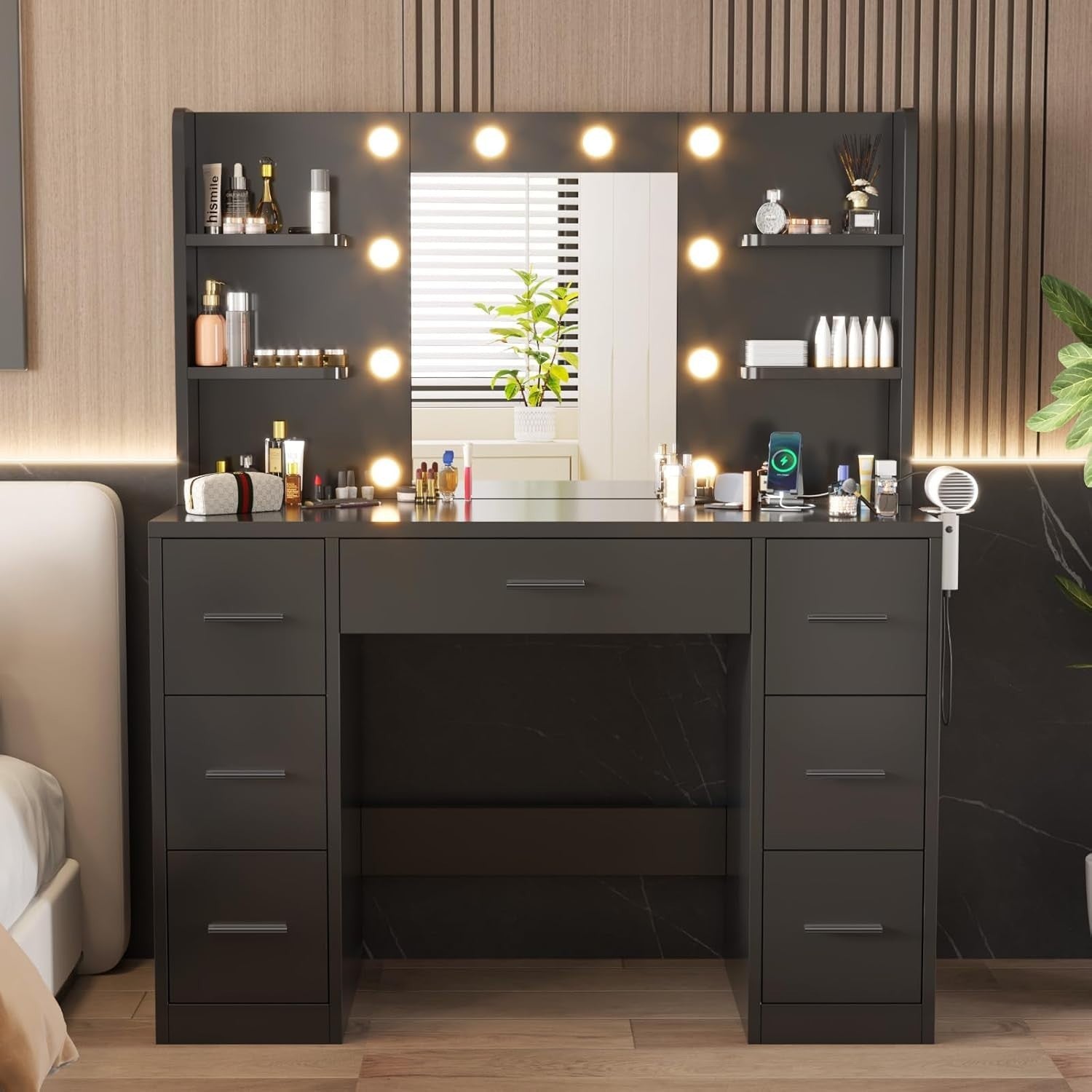 Black Modern Vanity Makeup Dressing Table Desk w/ Mirror LED Lights Power Outlet