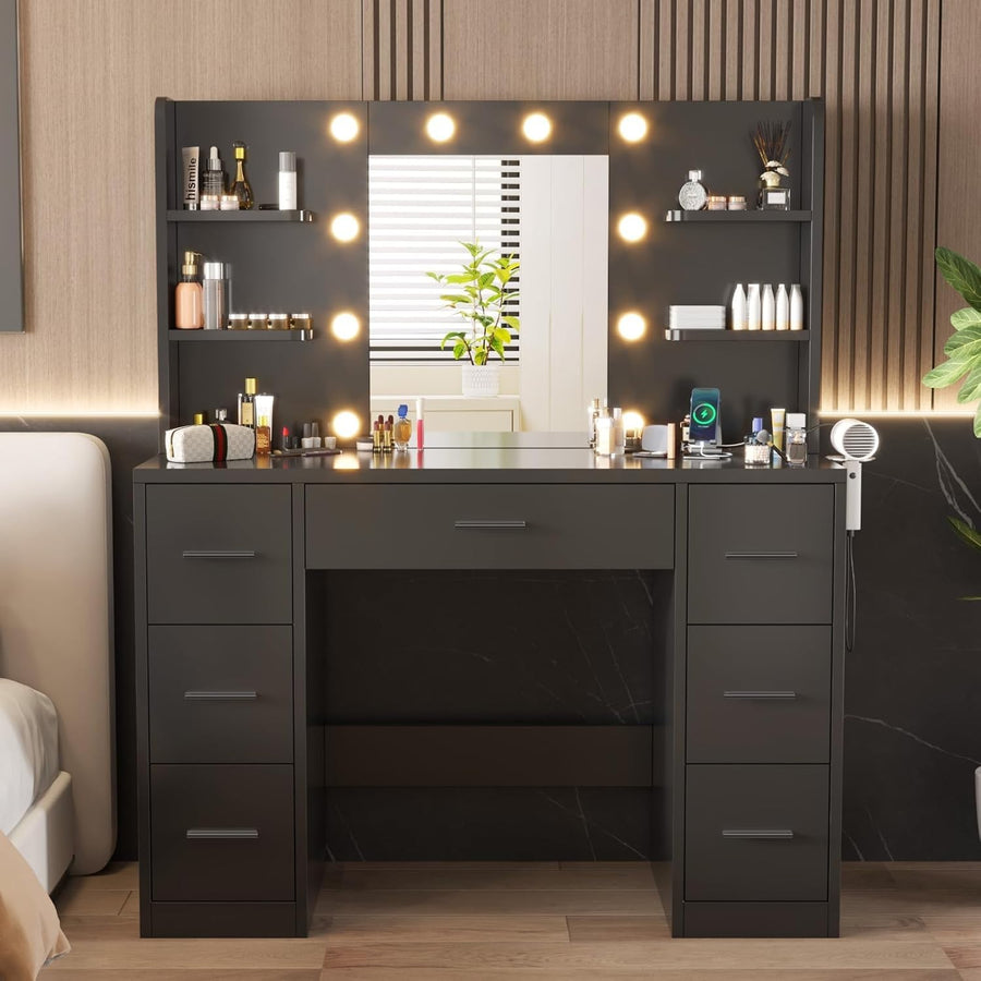 Black Modern Vanity Makeup Dressing Table Desk w/ Mirror LED Lights Power Outlet