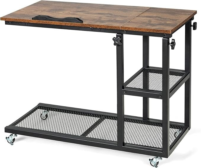 Rolling Sofa End Table Adjustable Laptop Desk Wheels Storage Rustic