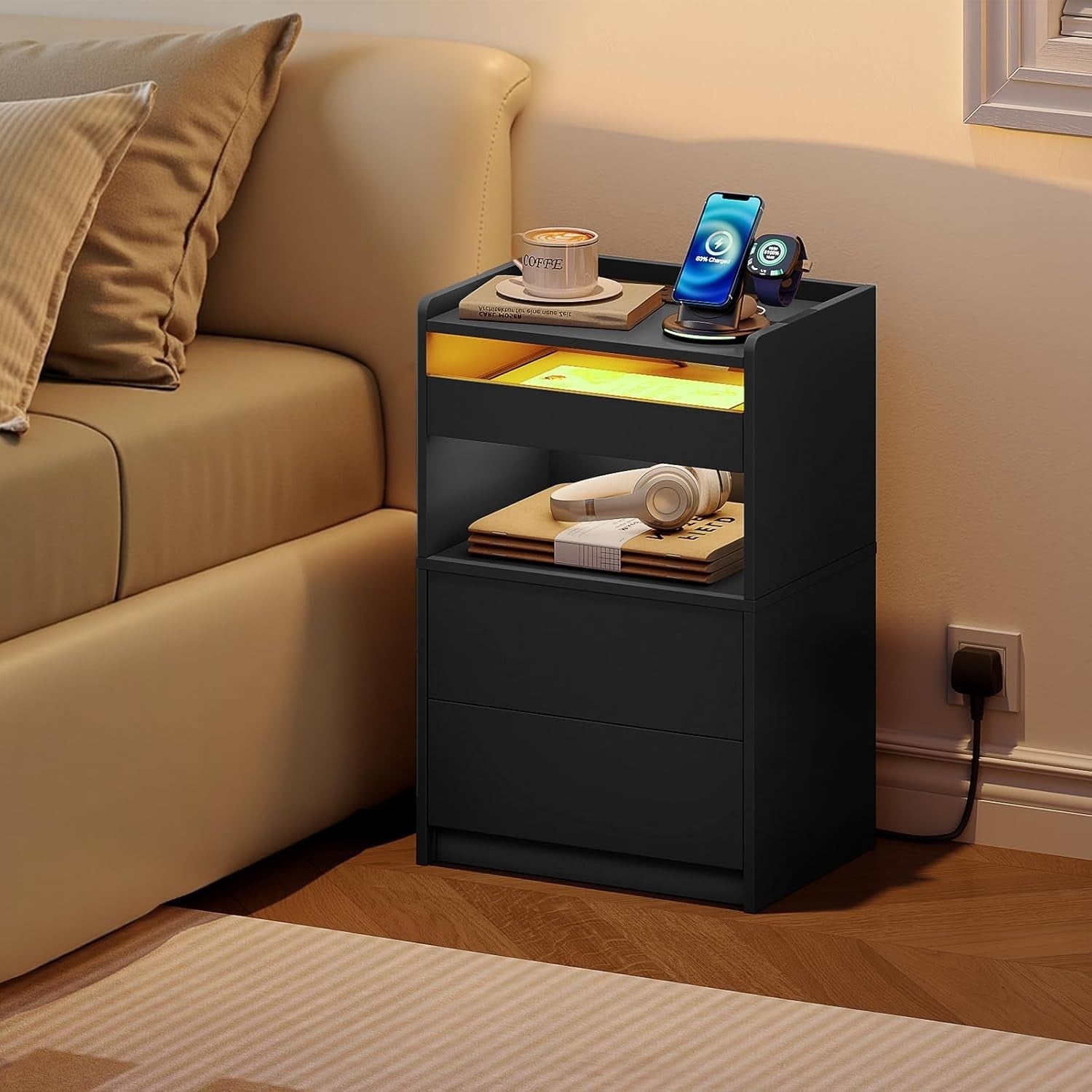Smart LED Bedside Table with Charging Station & 3 Drawers – Modern Black