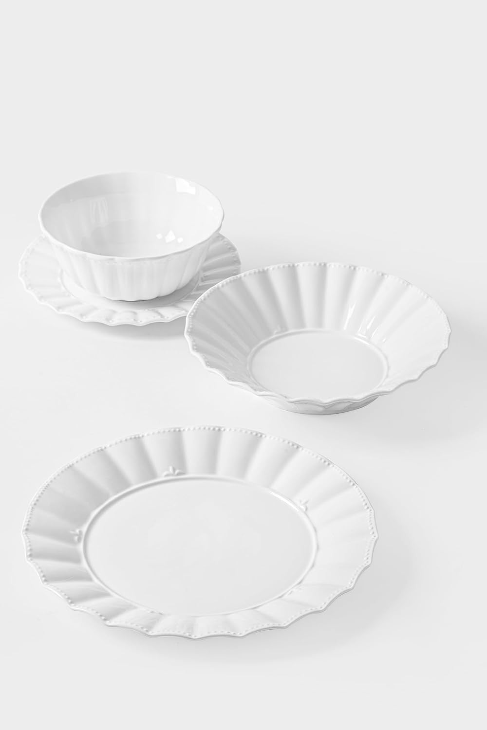 12pc Bone China Dinner Set Plates Bowls White Wavy Design Service for 4