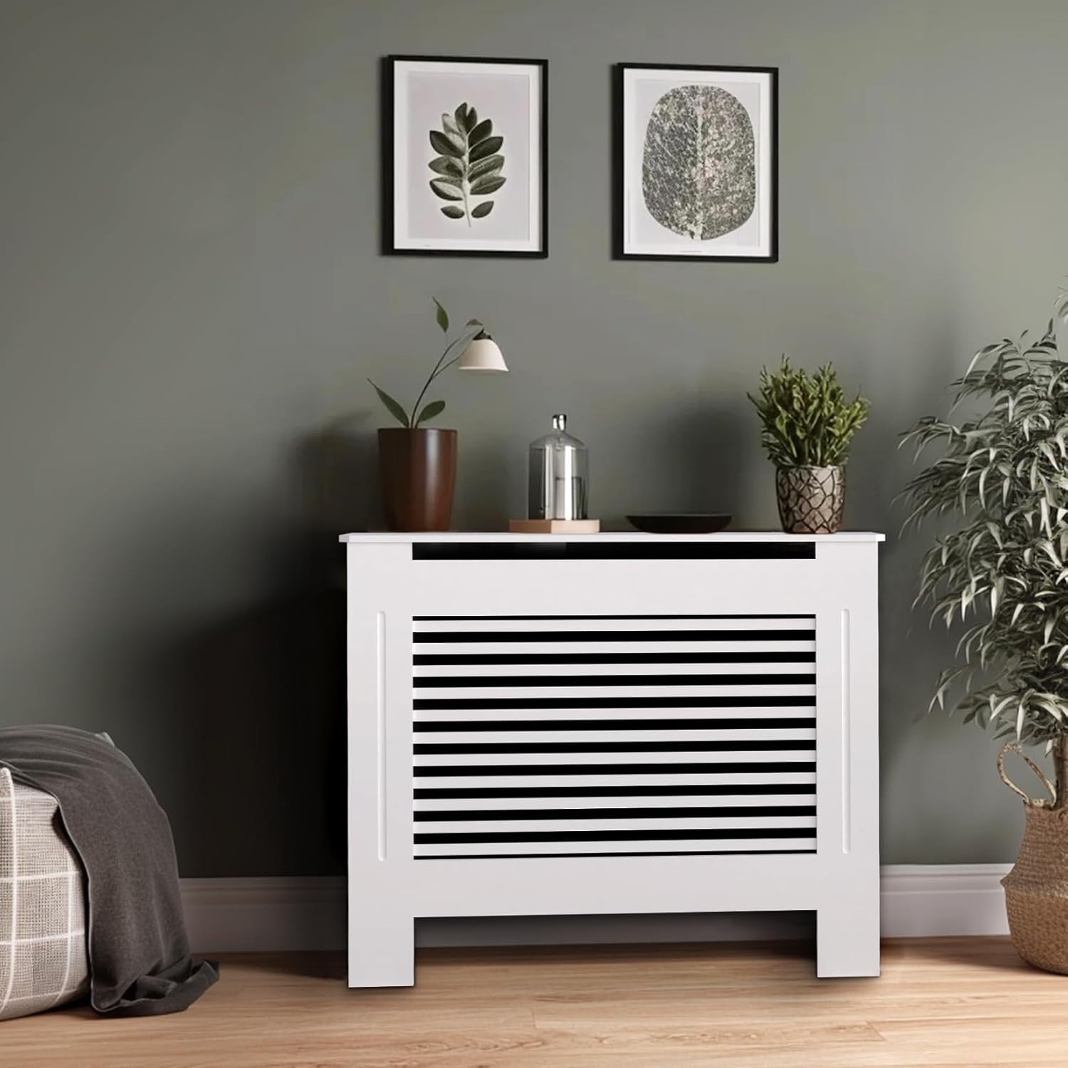 Small White Radiator Cover Cabinet 101cm Tall MDF Horizontal Slat Heater Cover