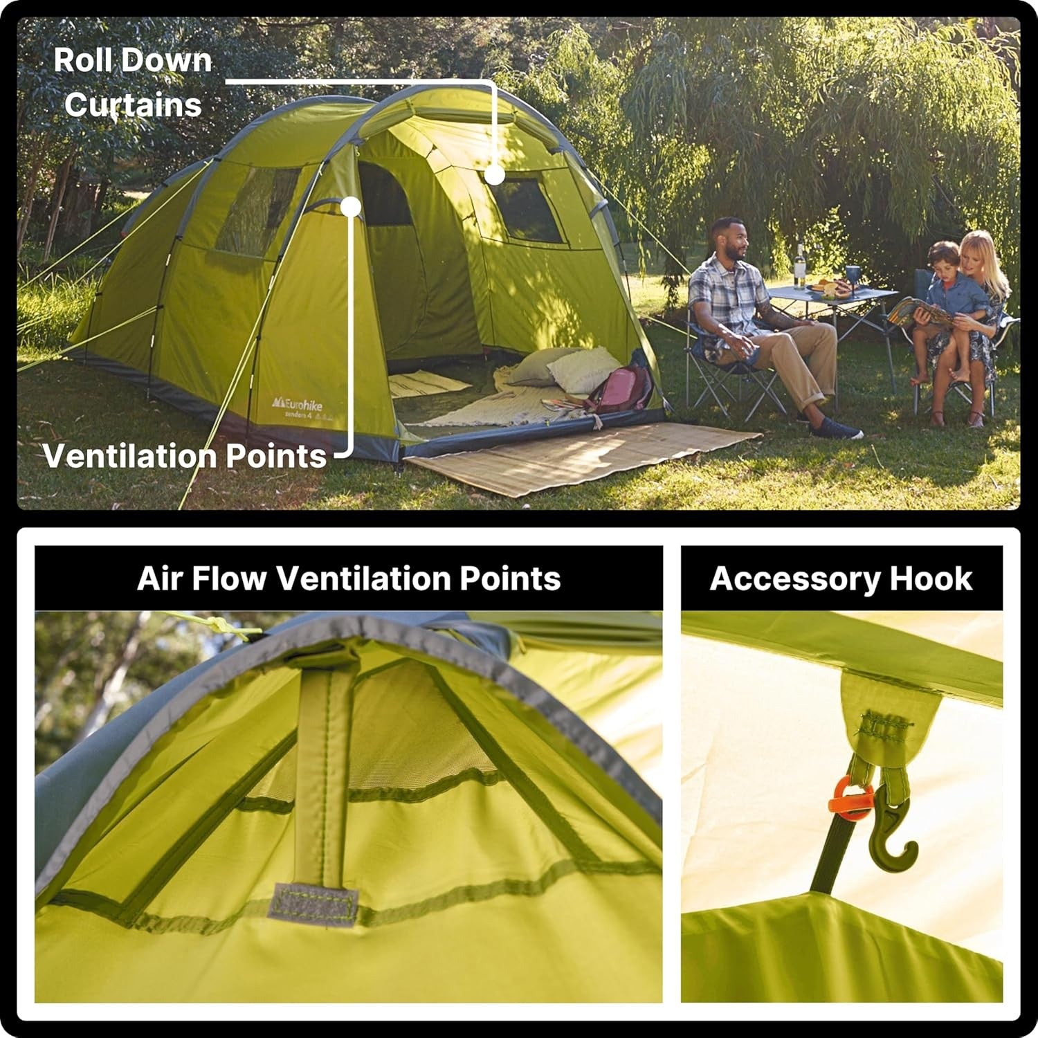 4 Man Family Camping Tent with Porch 2000mm Waterproof