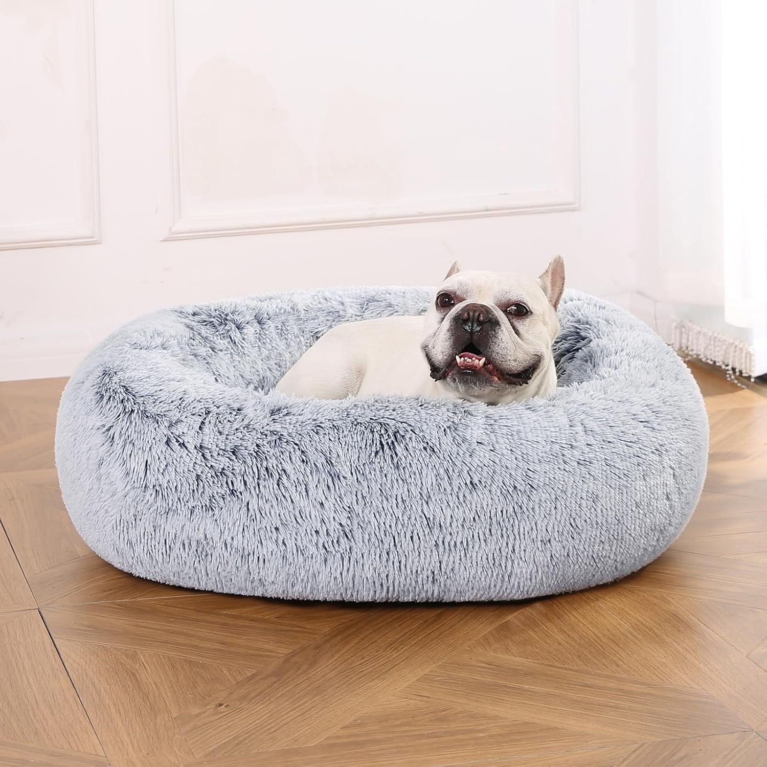 Plush Donut Dog Bed 76cm Faux Fur Washable Calming