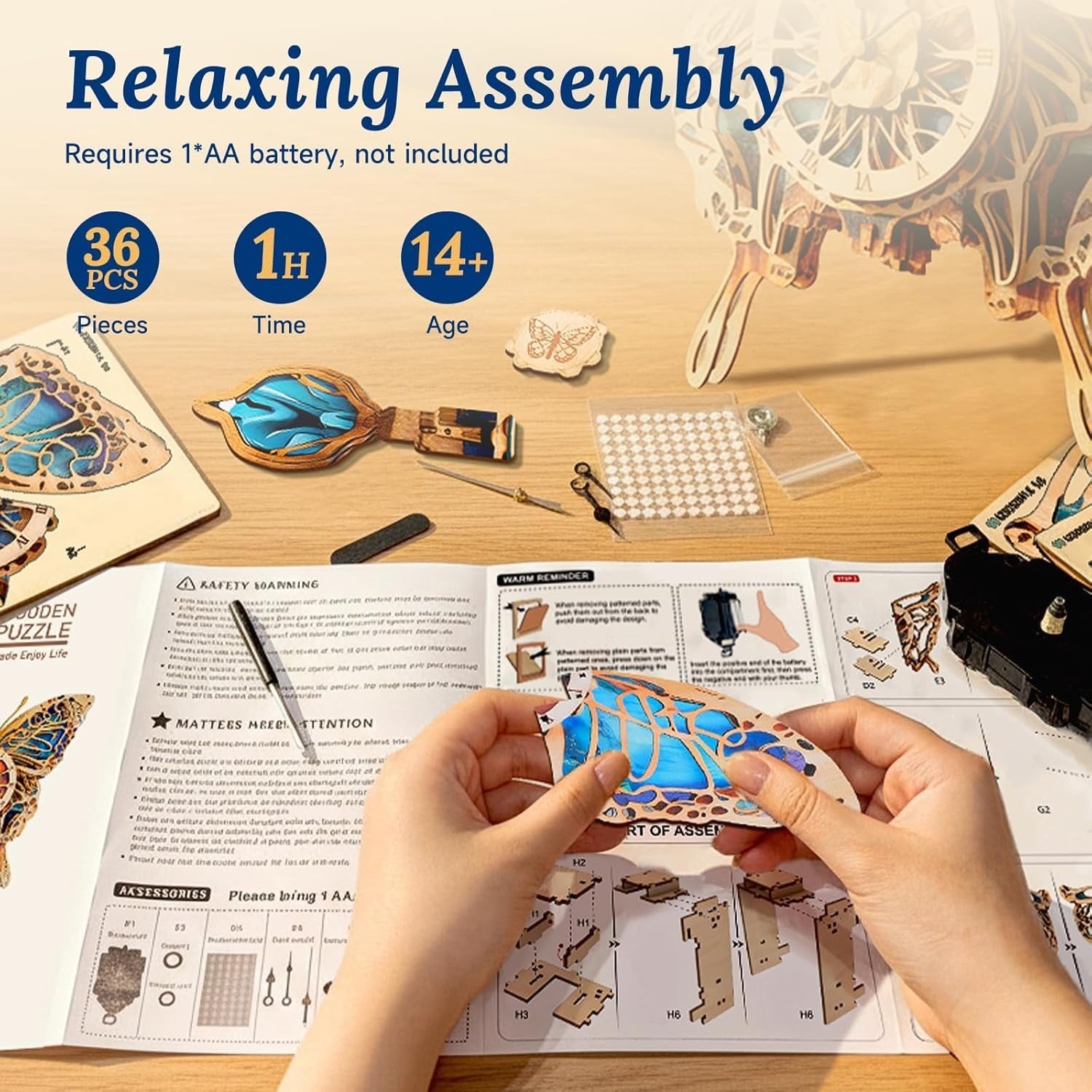 3D Wooden Butterfly Clock Puzzle DIY Mechanical Wall Clock Home Decor