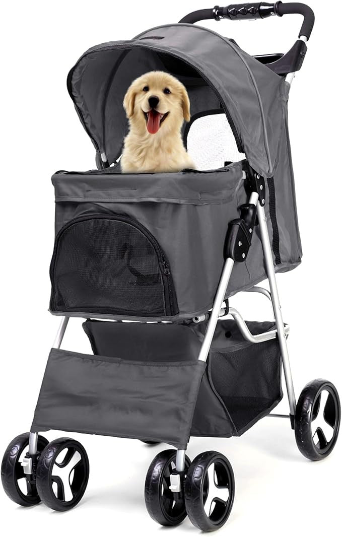 Grey Foldable Dog Stroller with Rain Cover Pet Pushchair for Small Medium Dogs