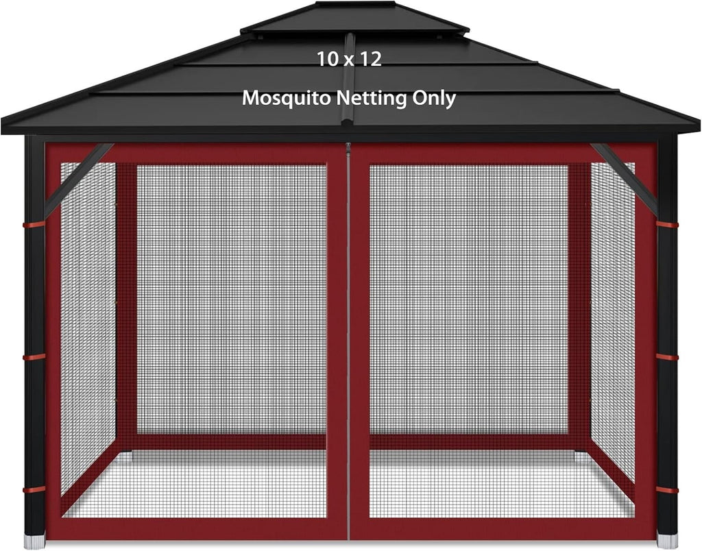 10x12ft Red Gazebo Mosquito Netting 4 Panels Zipper Sidewalls Outdoor