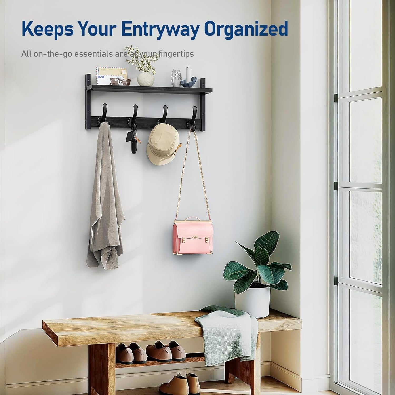 Rustic Black Wall Mounted Coat Rack with Shelf | 20” Hooks for Entryway