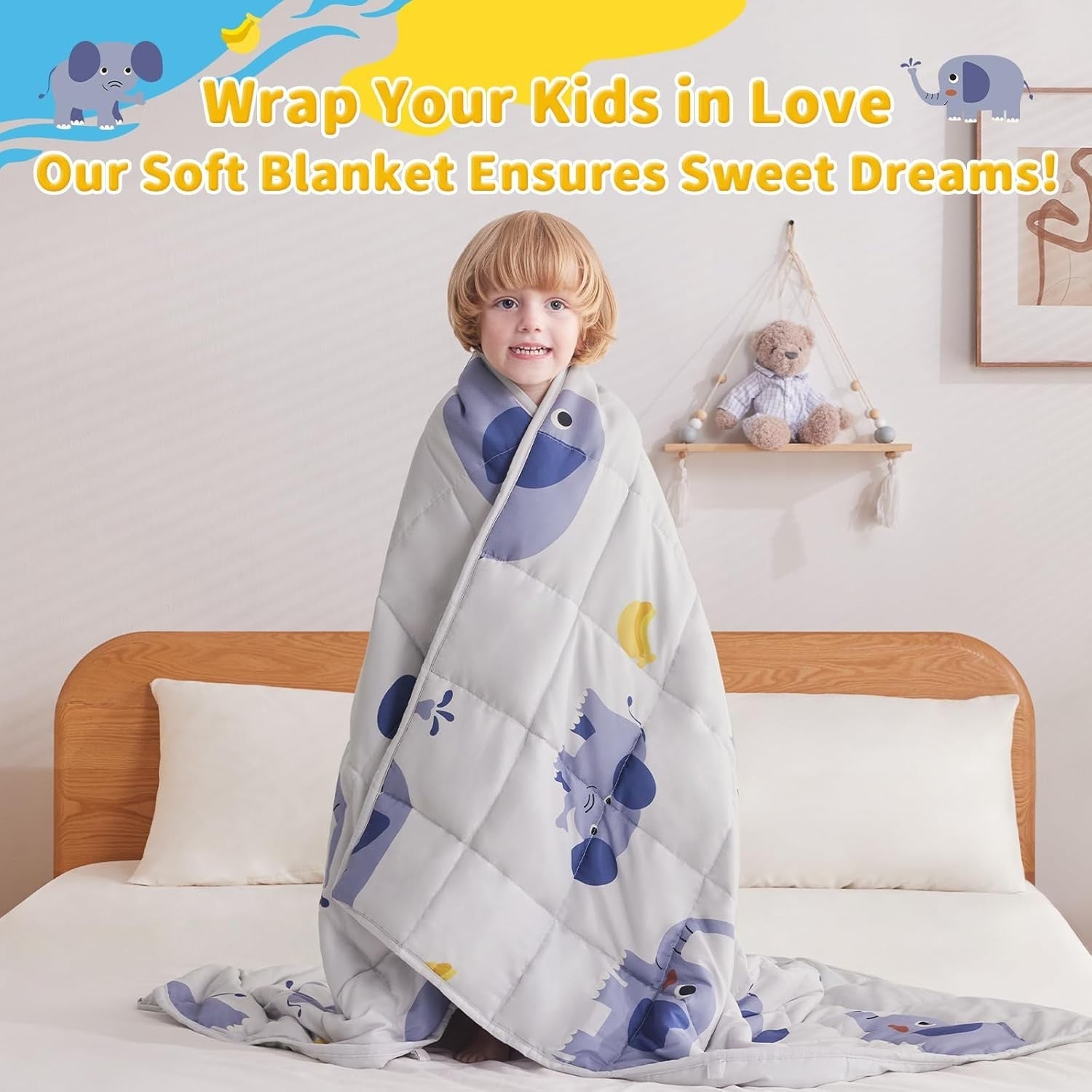 Kids Weighted Blanket 36"x48", 3lbs Grey Elephant Breathable Glass Beads