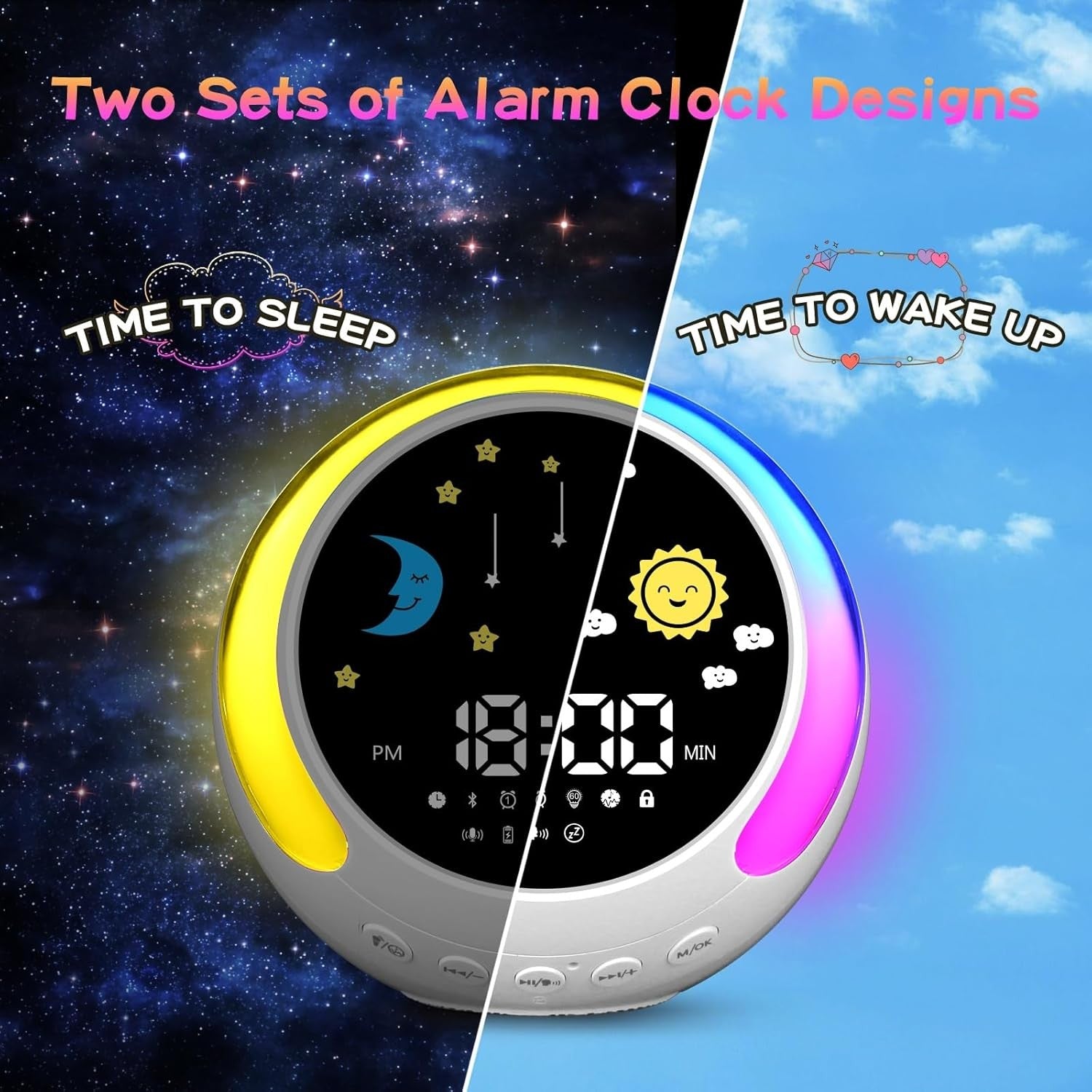 Kids Sleep Trainer Alarm Clock Bluetooth RGB Night Light OK to Wake Sunrise