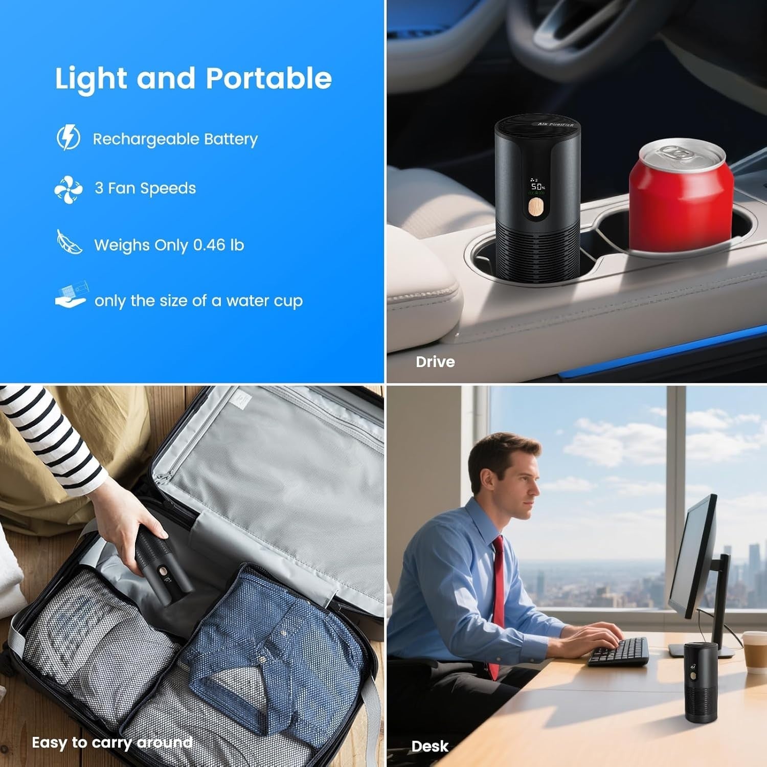 Mini Car Air Purifier HEPA Cordless Quiet 15dB Smoke Odour
