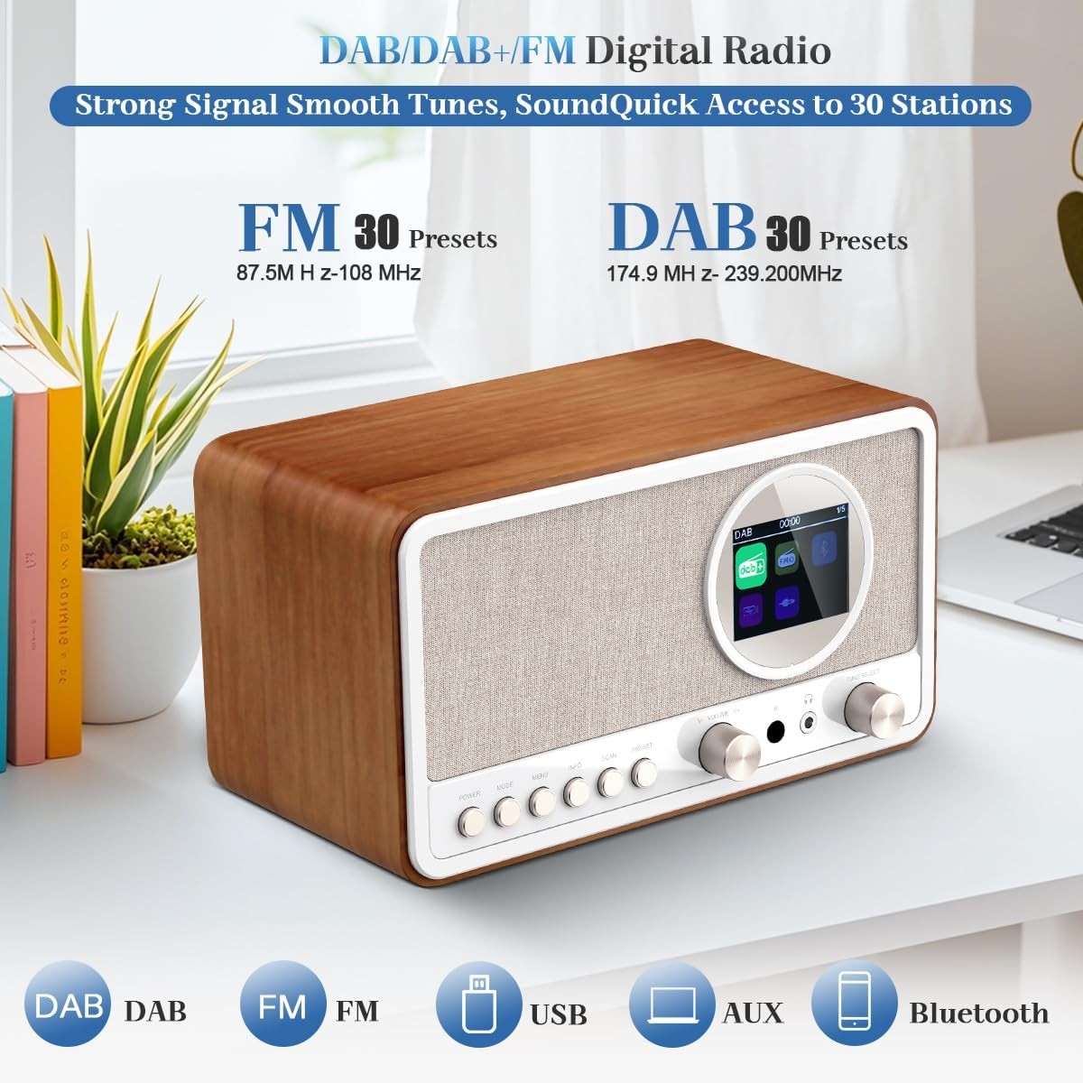 White DAB DAB+ FM Digital Radio Bluetooth Alarm Clock Retro Speaker Remote