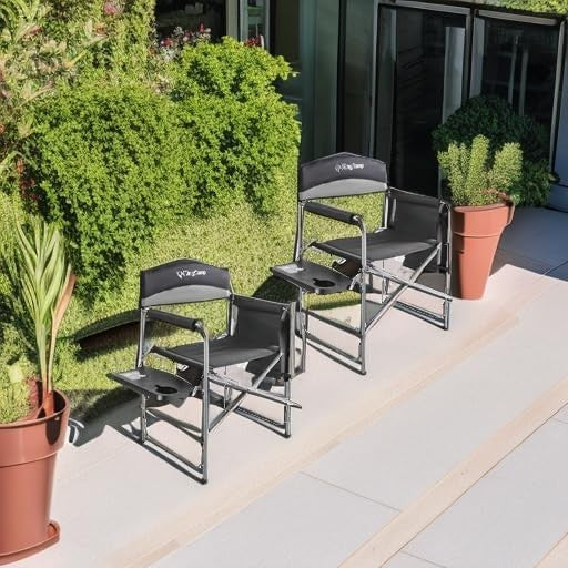2x Heavy Duty Folding Directors Chairs 400LB W/ Side Table Pockets Grey