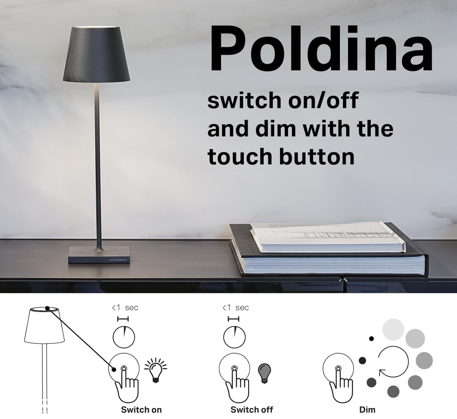 Rechargeable Cordless Table Lamp with Touch Dimmer, Outdoor & Indoor Use