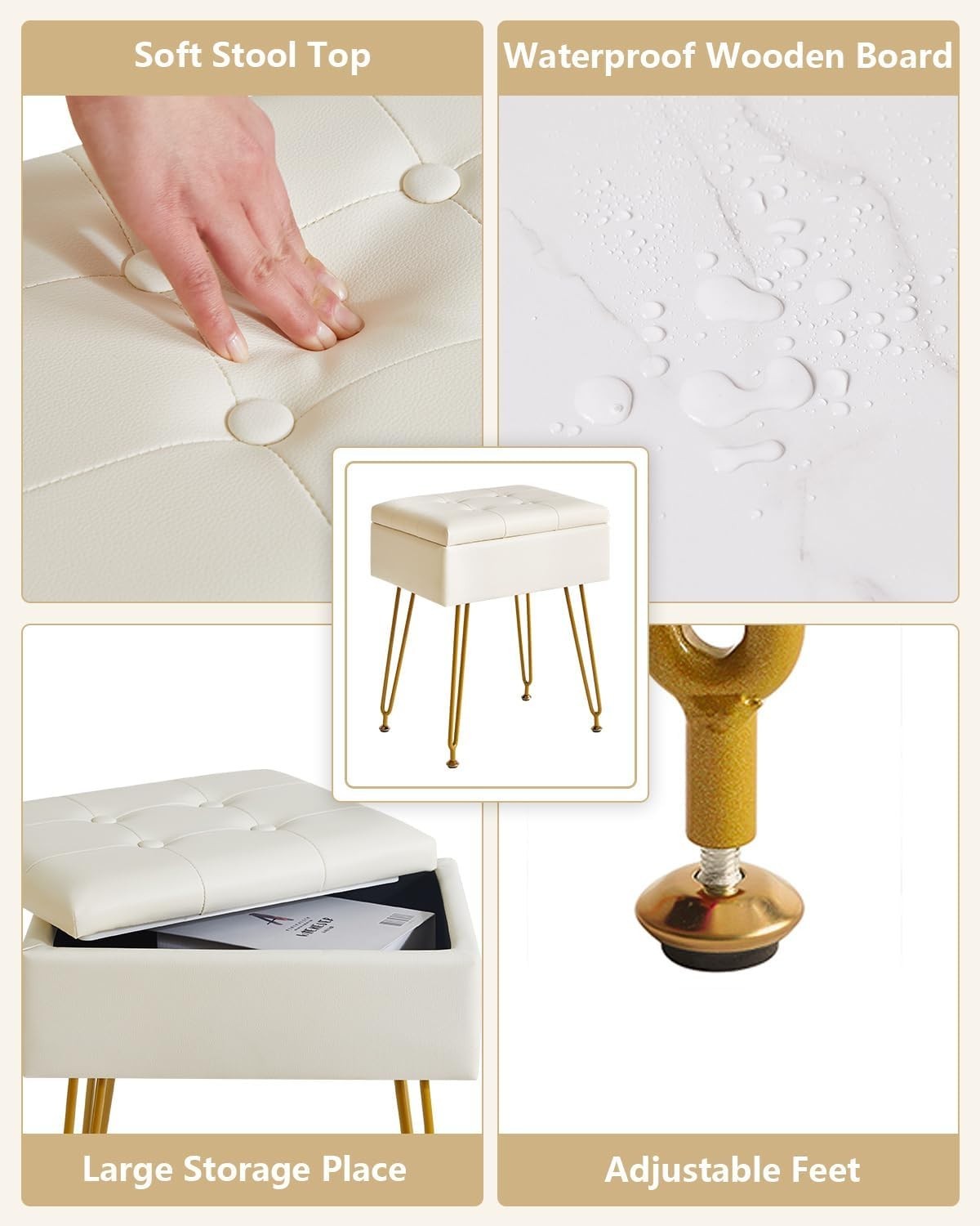 White PU Leather Vanity Stool with Storage & Flip Tabletop – Adjustable Legs