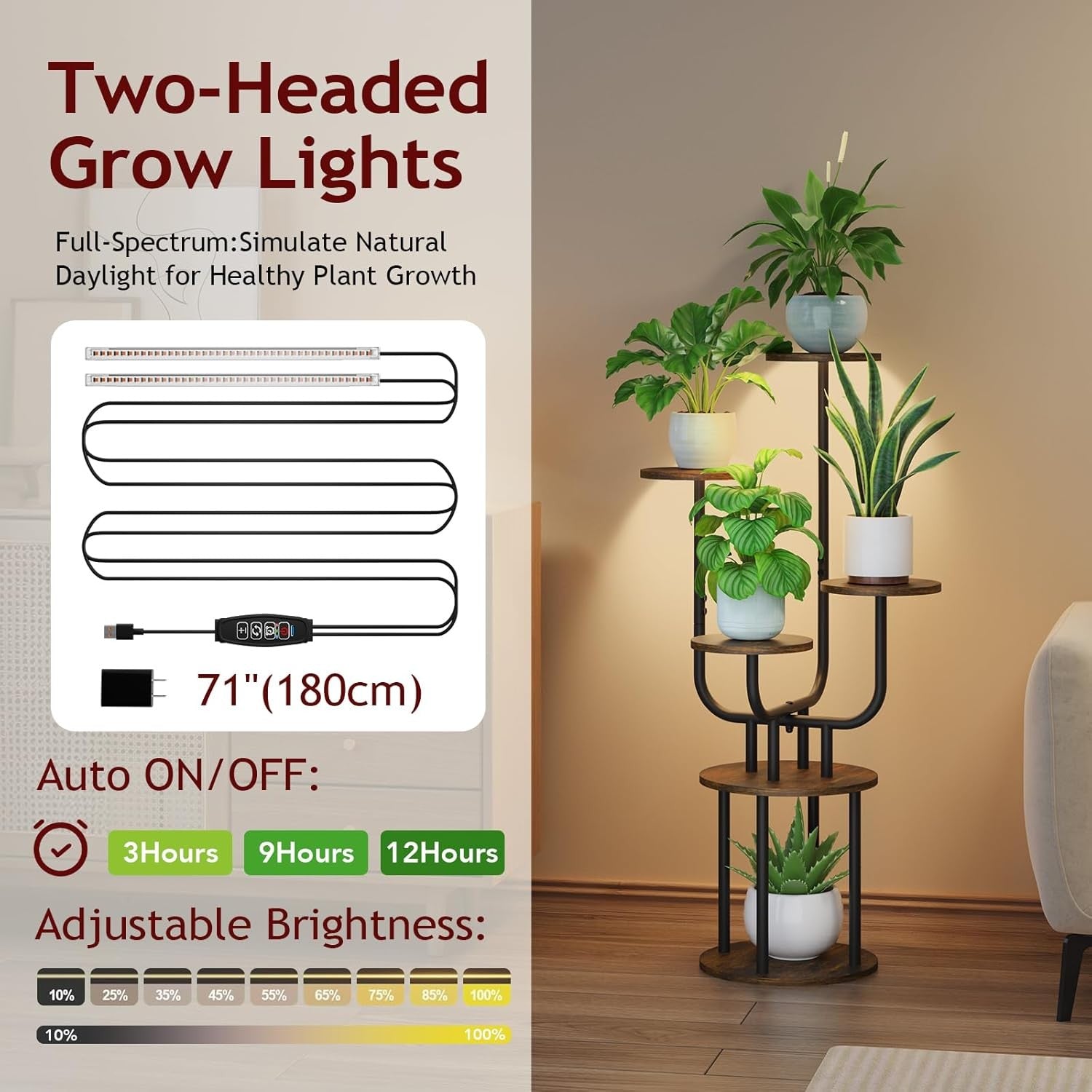 6 Tier Metal Wood Plant Stand with Grow Light Indoor Corner Shelf Rack Brown