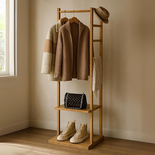 Wooden Coat Rack with 2 Shelves | Freestanding Bamboo Hall Tree Stand