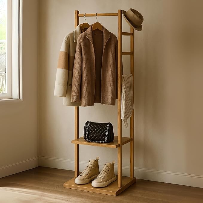 Wooden Coat Rack with 2 Shelves | Freestanding Bamboo Hall Tree Stand