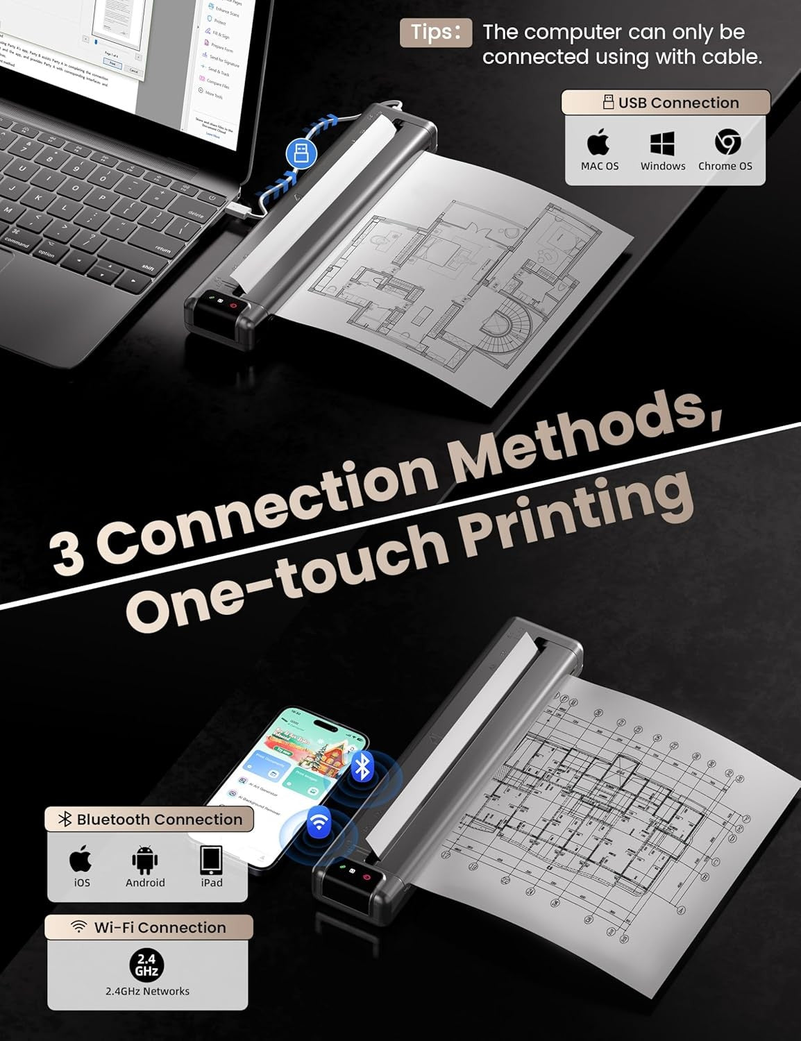 Portable Thermal Printer A4 – Wireless Bluetooth Wi-Fi USB Printer