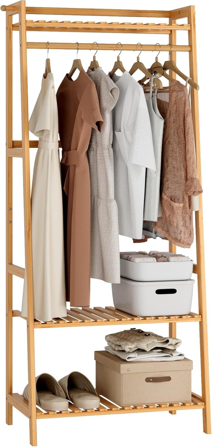 Bamboo Clothes Rack with Shelves & Hooks, Open Wardrobe Storage Stand