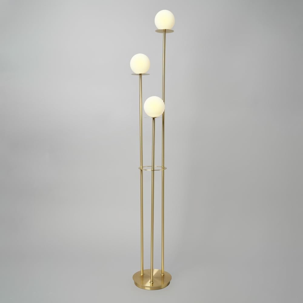Modern 3-Light Floor Lamp Satin Brass with White Glass Shades 162cm Tall