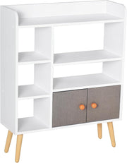 Modern 6-Shelf White & Grey Bookcase with Storage Cabinet | 91cm High