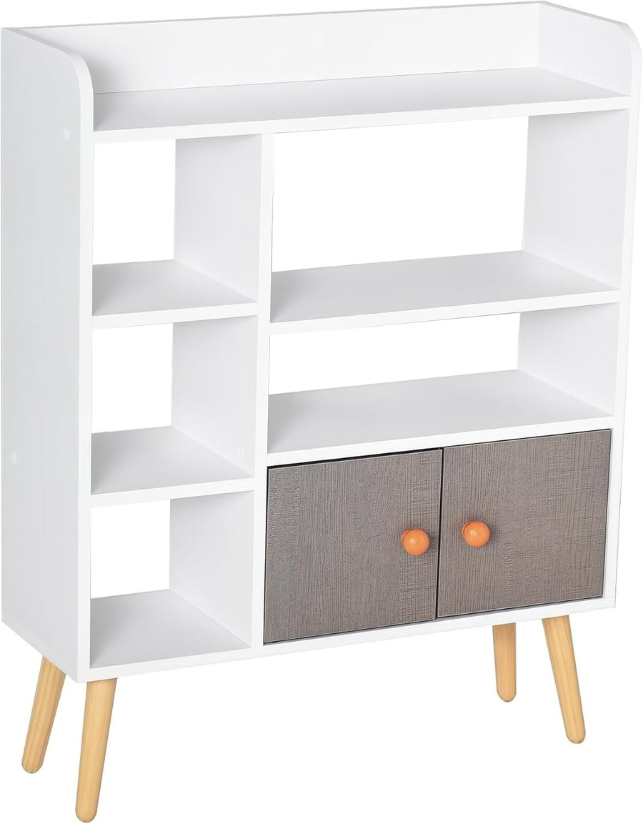 Modern 6-Shelf White & Grey Bookcase with Storage Cabinet | 91cm High