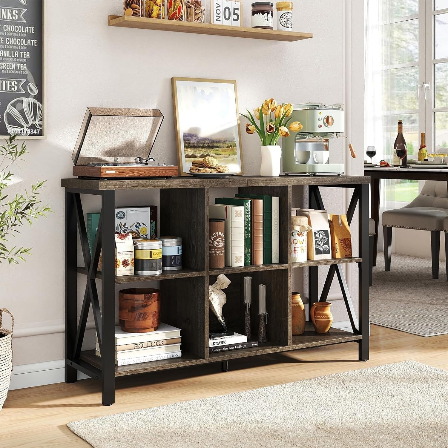 6-Cube Grey Storage Bookcase Industrial Metal Frame Durable 120x35x76cm