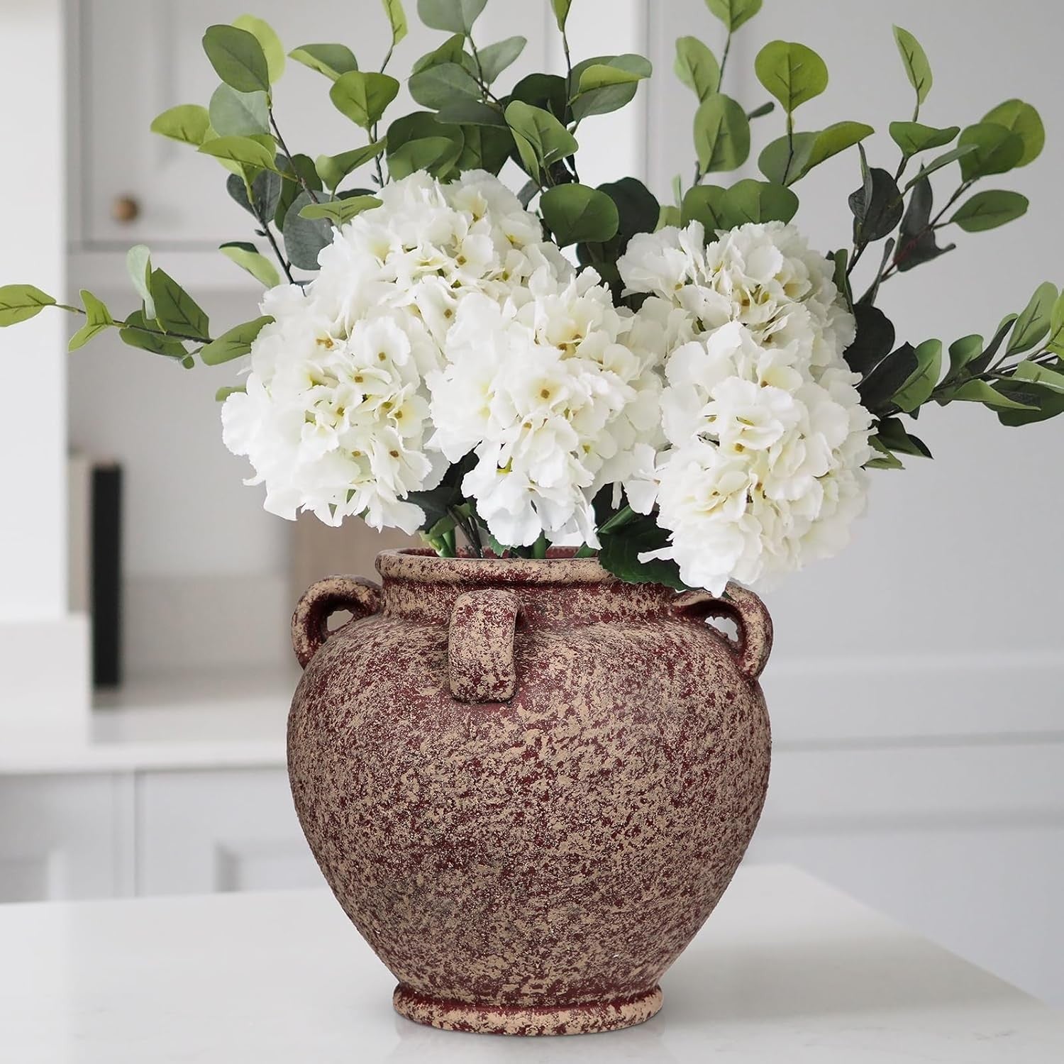 Rustic Ceramic Vase with Handles Farmhouse Table Centrepiece Decor