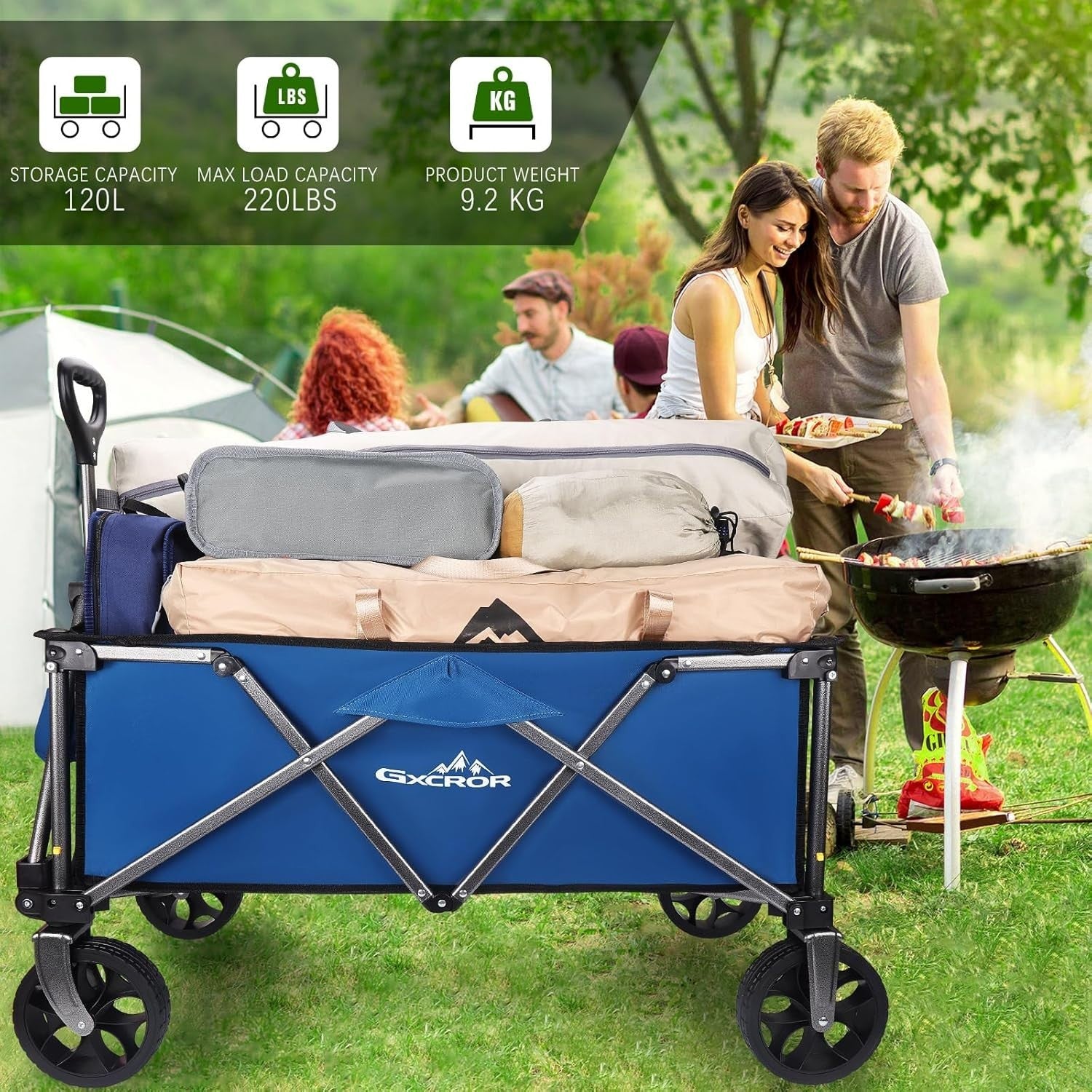 Blue 120L Heavy Duty Folding Festival Camping Trolley 100kg All-Terrain Wagon