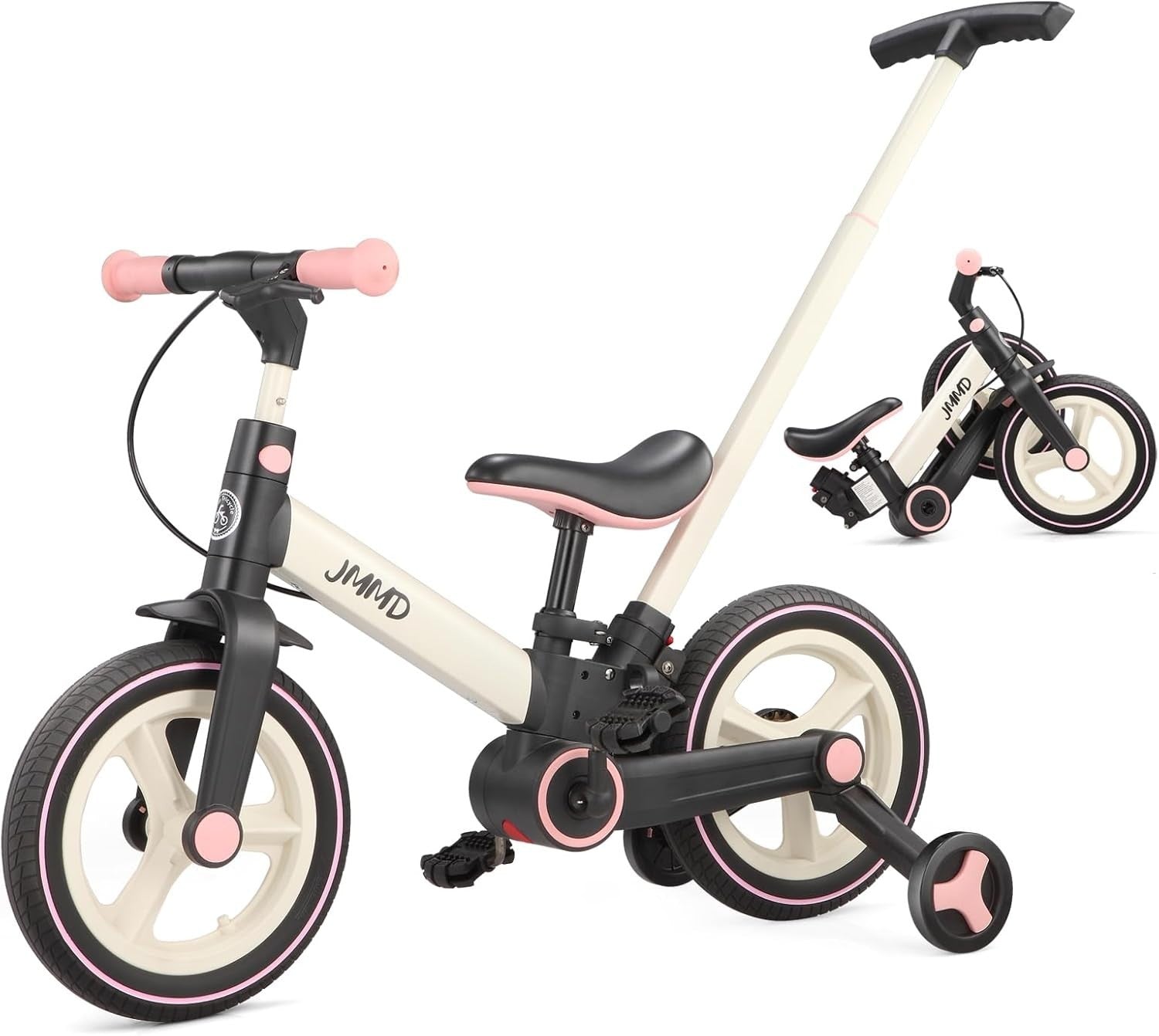 6 in 1 Toddler Bike Balance Pedal Bike Training Wheels Push Handle Pink