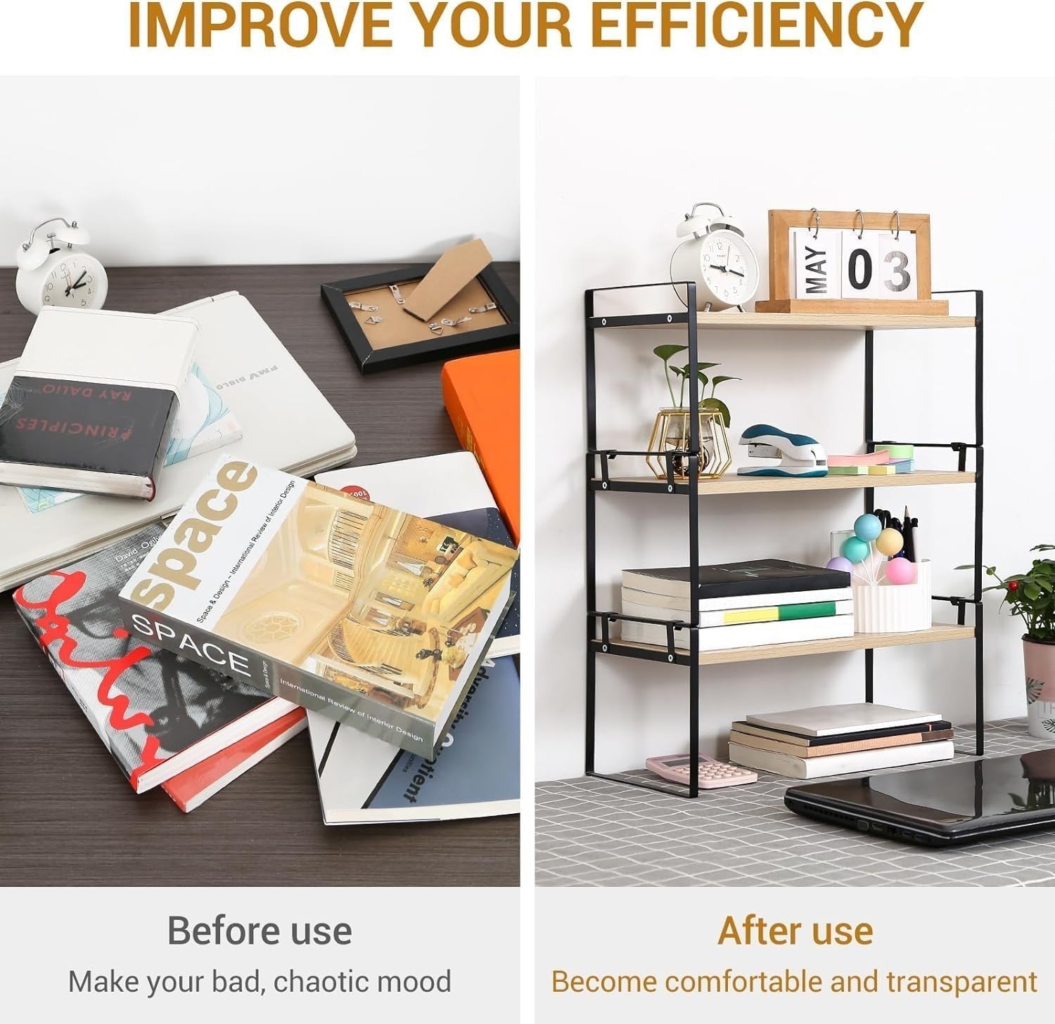 2-Tier Adjustable Wood Desk Shelf Organizer Cute Desktop Storage Rack 40cm