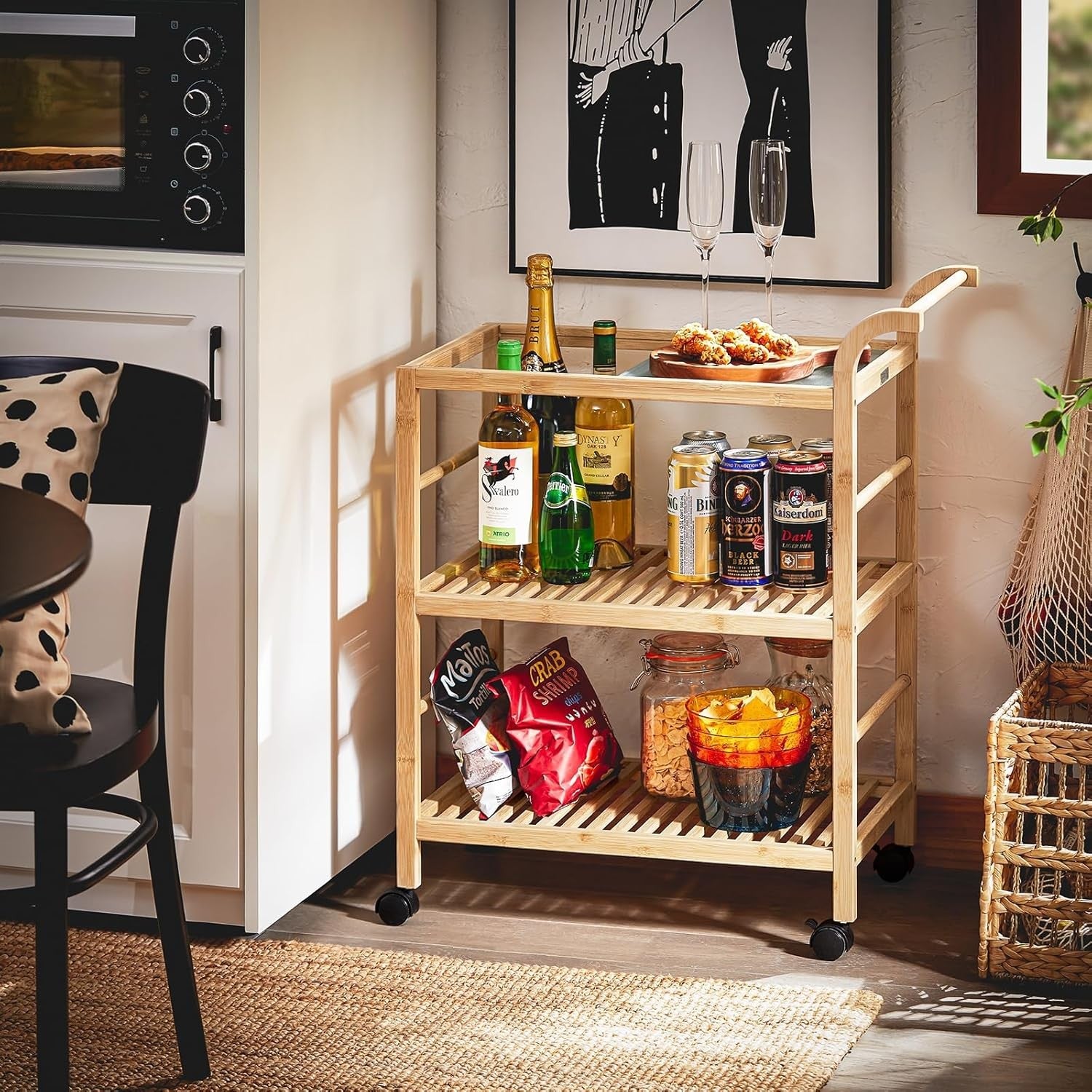 3 Tier Kitchen Trolley Cart Bamboo Storage Shelves Glass Top Wheels