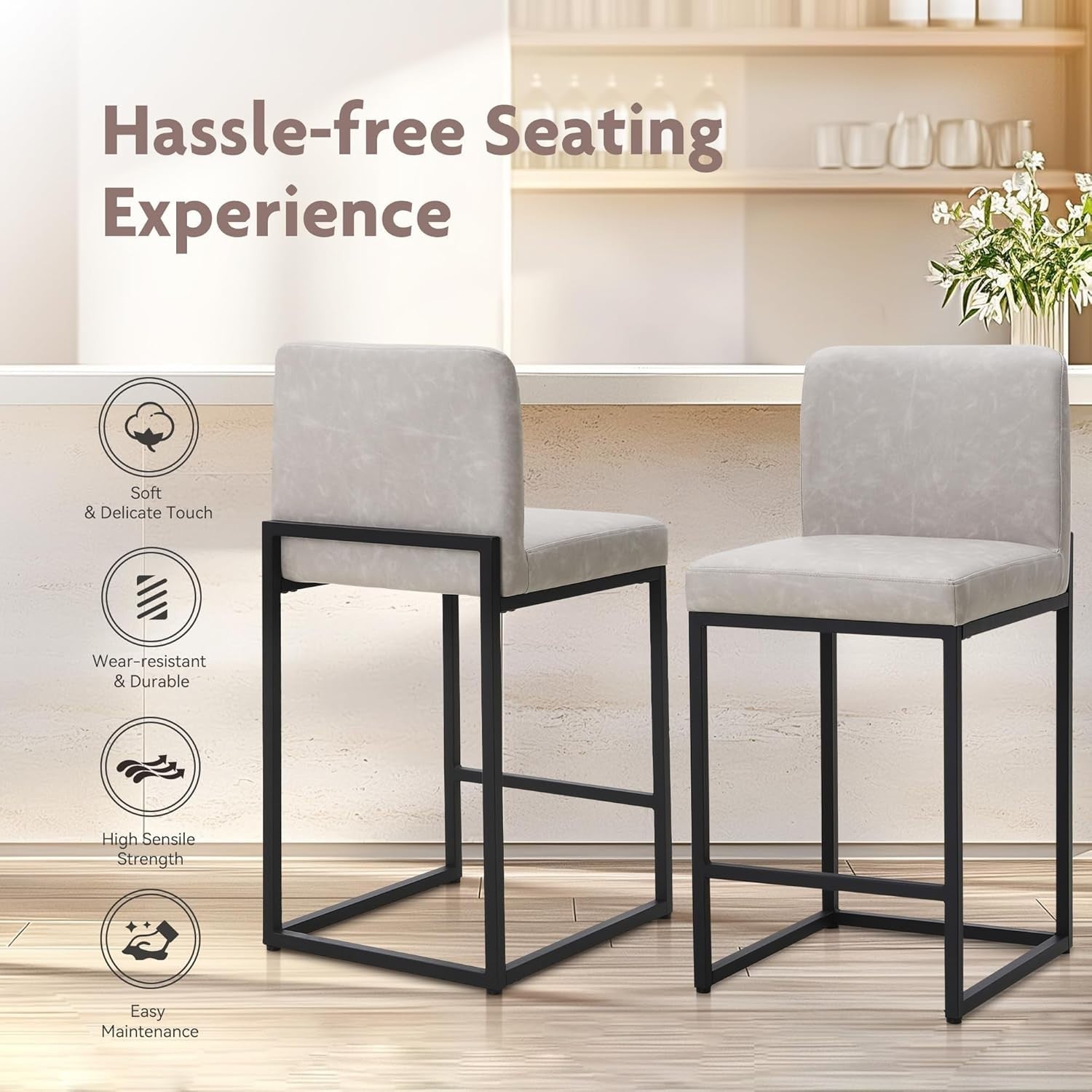 Modern Bar Stools Set of 2 Light Grey Faux Leather 47x47x60cm