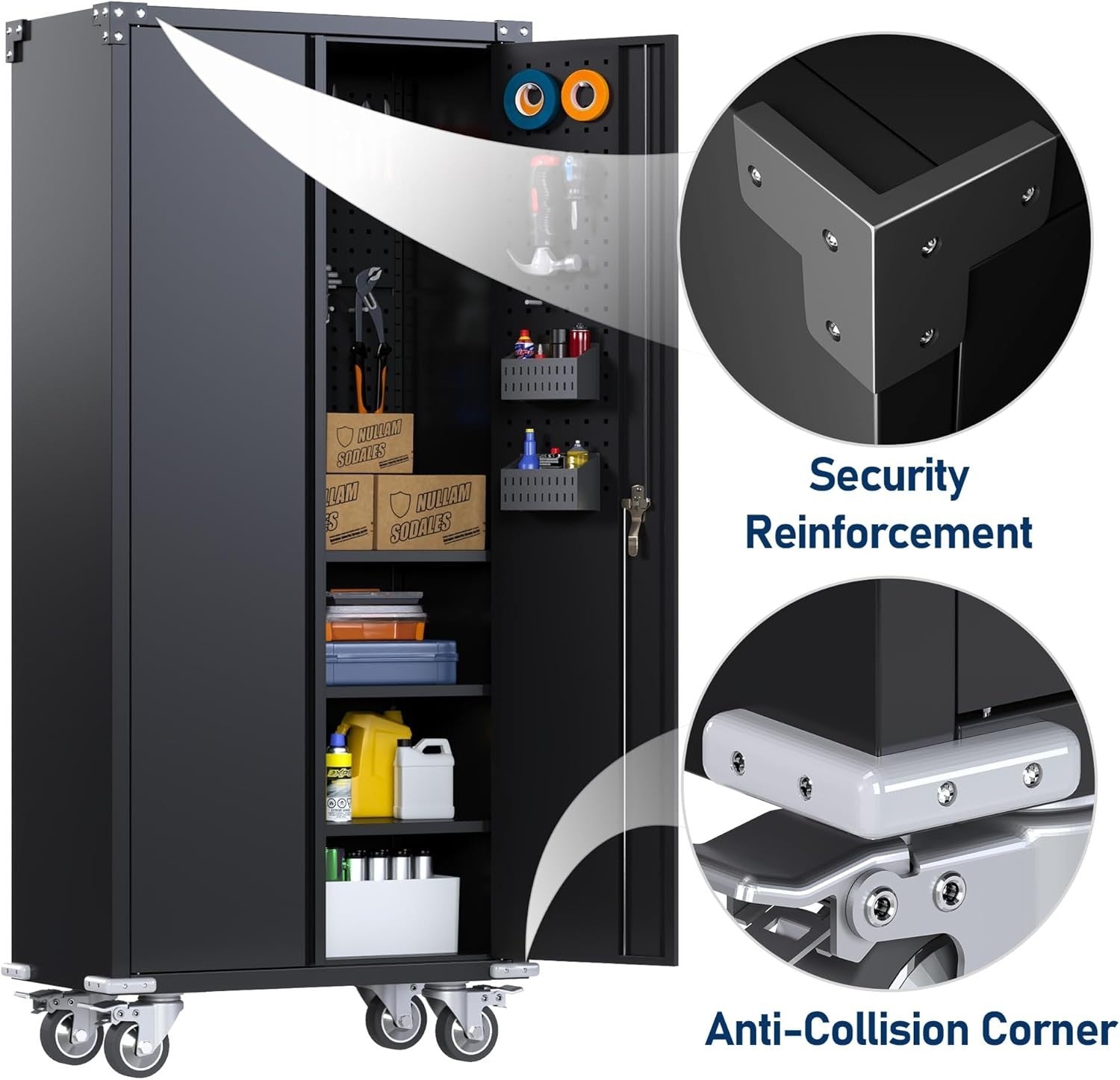 Heavy Duty Metal Storage Cabinet with Wheels, Lockable Door & Pegboard