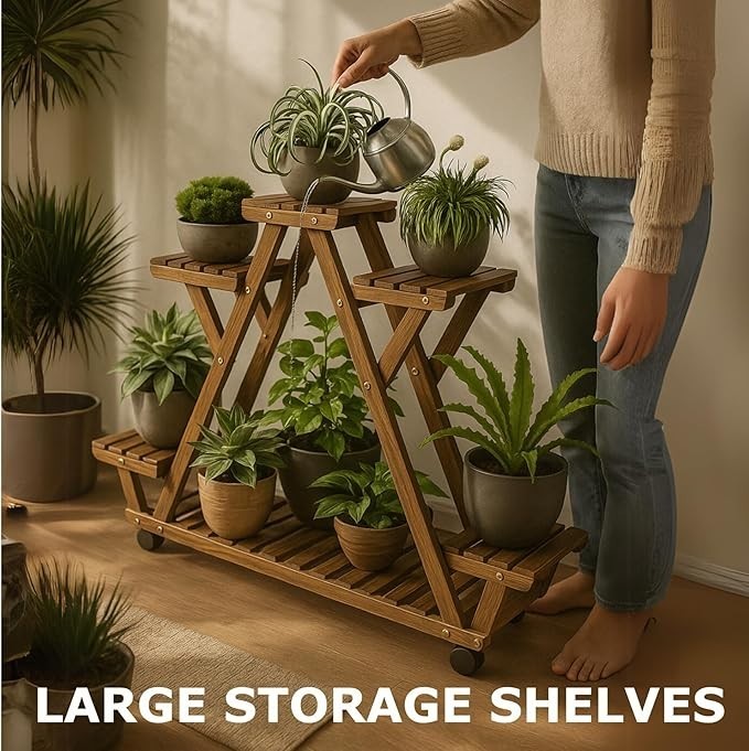 Wooden 4 Tier Plant Stand with Wheels Indoor Outdoor Flower Shelf 93x28x95cm