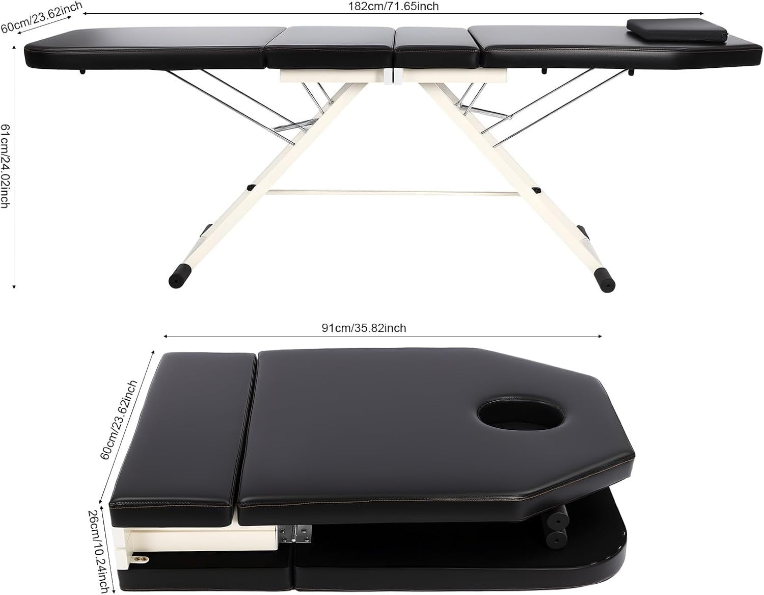 Foldable 3-Section Portable Massage Table Beauty Spa Bed Black 60cm Width