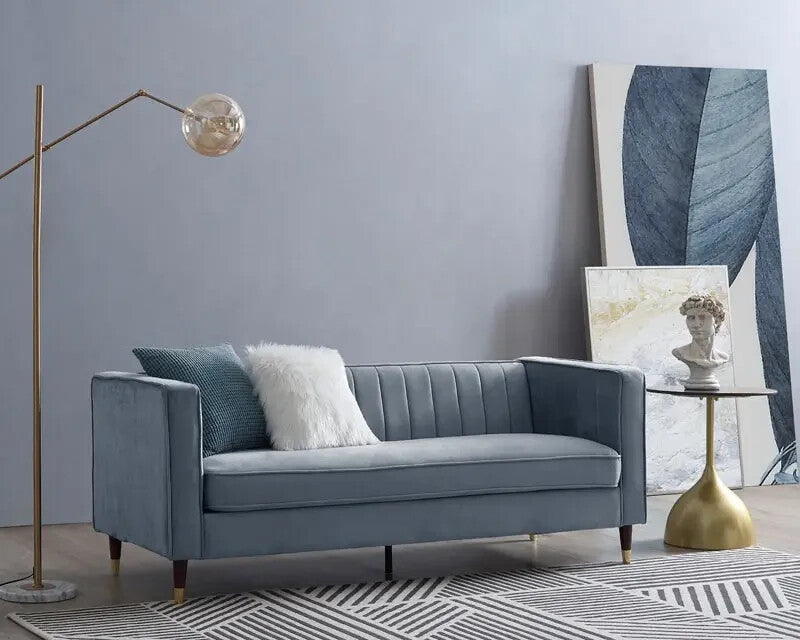 Grey Velvet 3 Seater Sofa Ribbed Back Gold Tip Legs High Arm Modern Couch