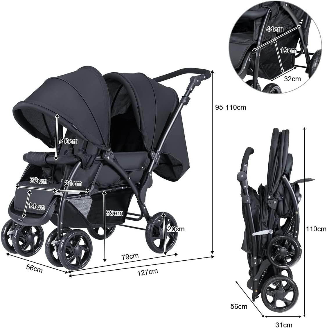 Black Double Baby Stroller Tandem Pushchair Foldable 30kg