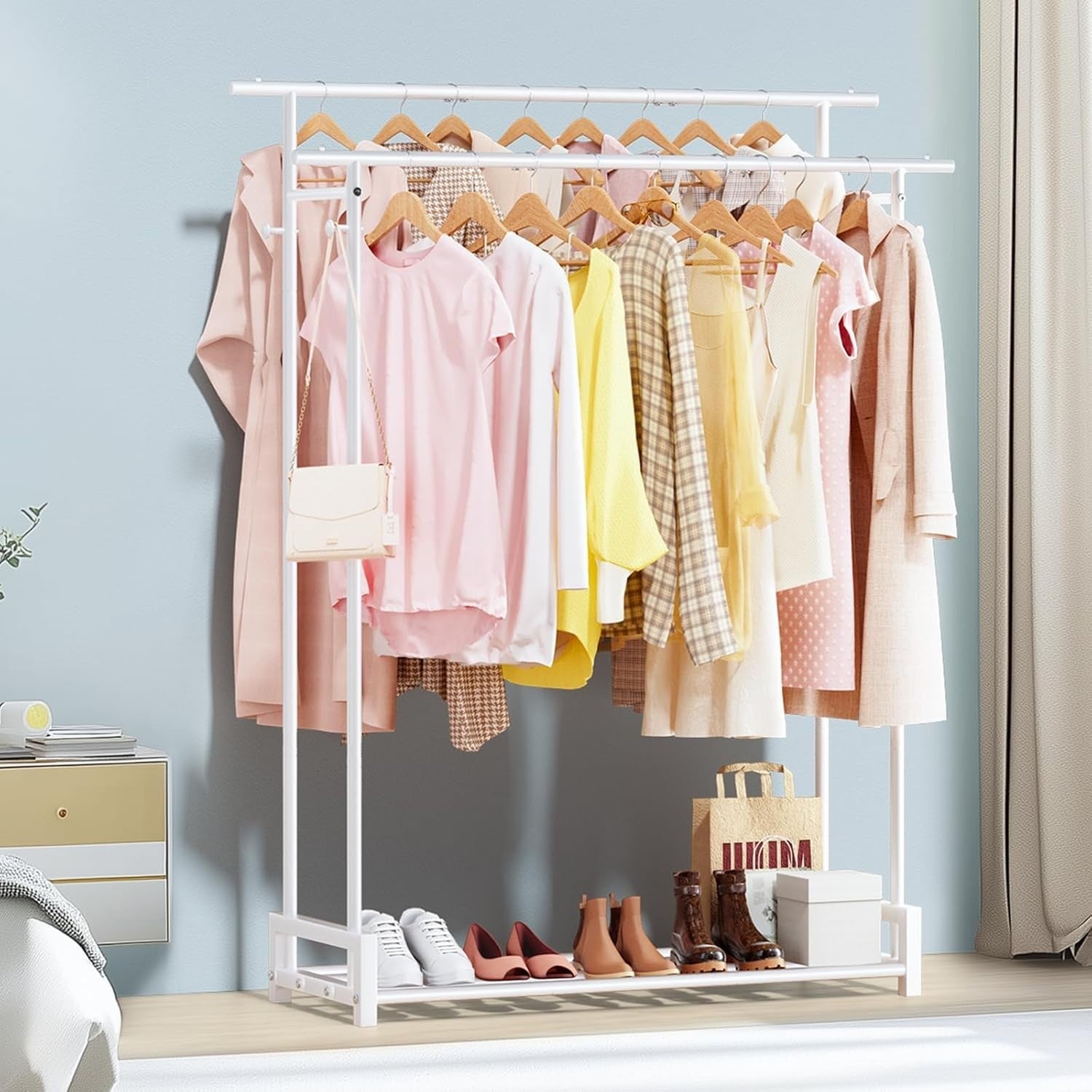 Double Clothes Rail with Shelf & Hooks – White 150cm
