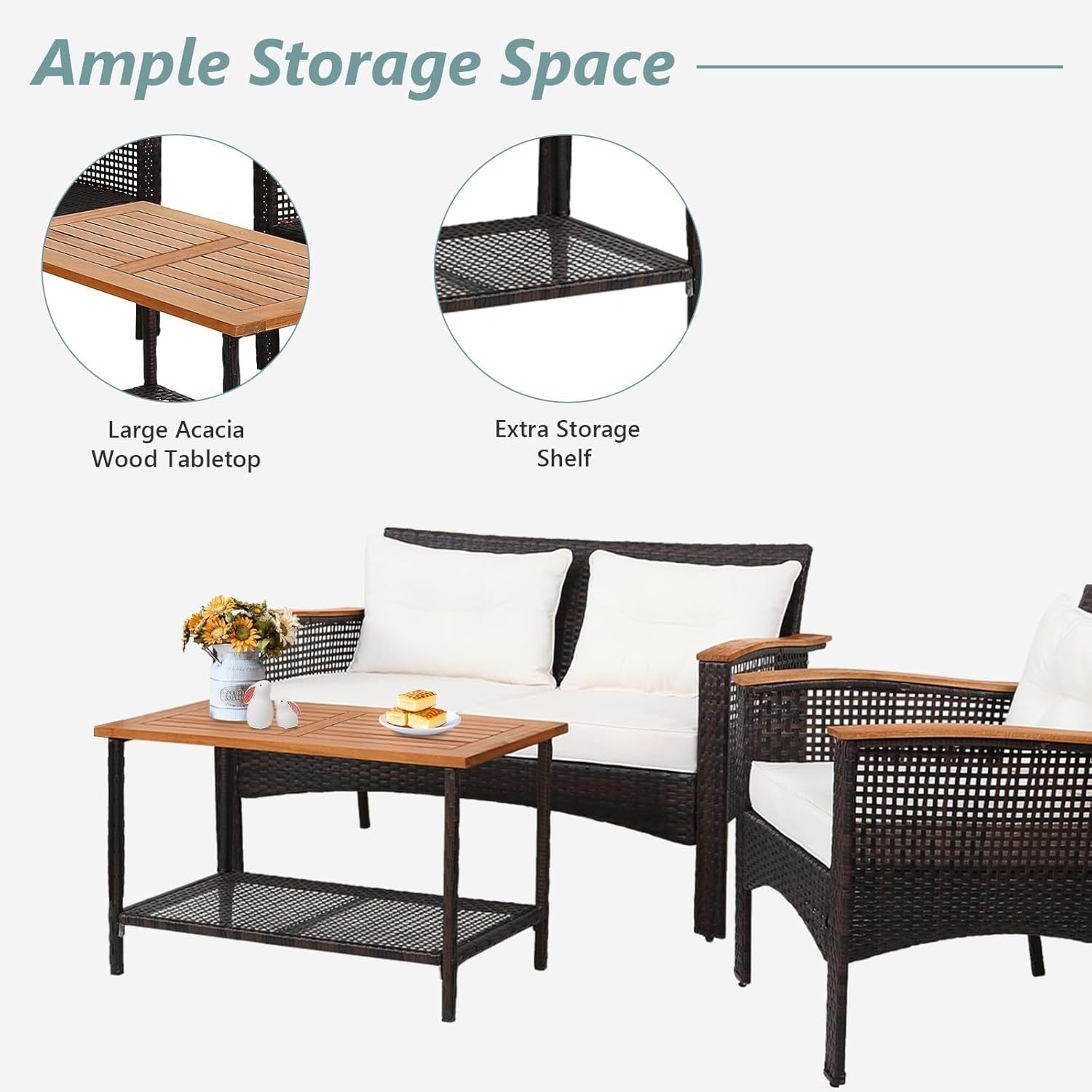 4PC Rattan Garden Lounge Set Loveseat Armchairs Coffee Table Cushioned