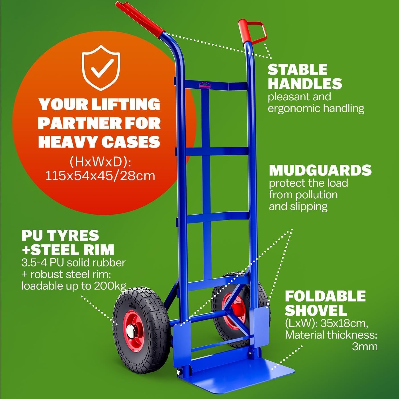 Heavy Duty 200kg Sack Truck w/ Solid PU Tyres & Foldable Shovel Blue Red