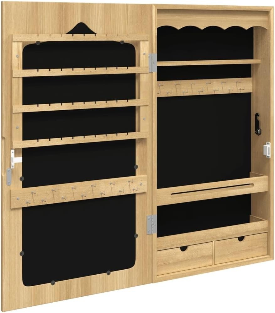 Slim Wall Mounted Jewelry Cabinet Mirror Lockable Space Saving Brown